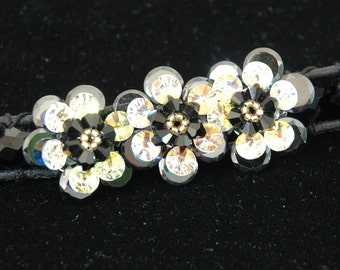 Cubic Zirconia Flower Bracelet with Czech Crystal and Lashed Leather