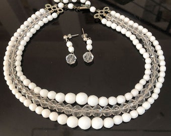 Updated Vintage Laguna Milk Glass Necklace, Cathedral Cut Crystals, Matching Earrings, Bridal, Signed, Great Condition