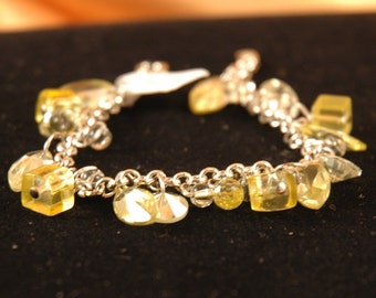 CZ Charm Bracelet with Yellow Cubic Zirconia and Glass Beads on Silver Rollo Chain