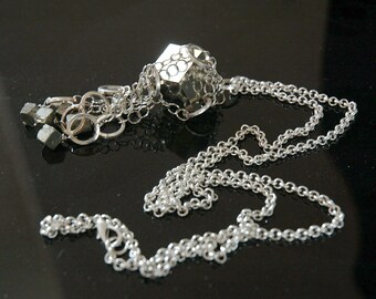 Pyrite Pendant. Crazy Caged Cube & Tassel Design. Silver Rolo Chain. Natural Chunk Pyrite