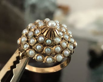 Vintage Siam/Thai Princess Harem Ring, Seed Pearl, 18k Gold, 4-Tier Construction, Pyramid Design, Size US7.5, Excellent Condition