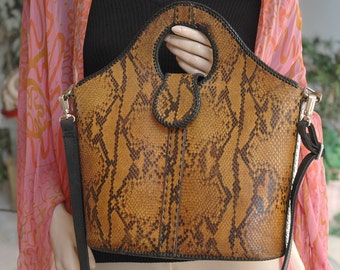 Handcrafted Natural Python Purse, Structured Hardshell Bucket Tote, Masterful Leatherwork, Black Stitch Detail, Signed, Excellent Condition