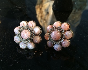 Pink Confetti Lucite Earrings, Vintage, Flower Design w/Filigree, Quality Made, Screw Backs, Excellent Condition