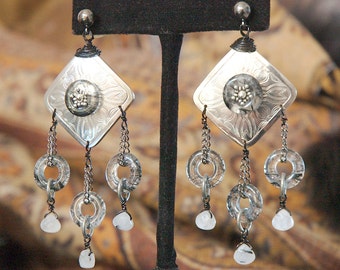 Upcycled Vintage Silver Earrings. OOAK, Tourmalated Quartz Donuts, Briolettes, Gun Metal Chain and Wire