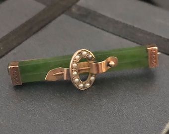 Fine Antique Bar Brooch, Victorian, New Zealand Green Stone, 9ct Gold, Seed Pearls, Symbolic Buckle Design, Timeless, Excellent Condition