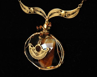 Upcycled Brass Necklace, Vintage Malaysian Filigree with New Wire Wrapped Porphyr Cabochon and Crystal Beads