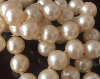 Vintage Glass Pearl Necklace, 2 Knotted Strands, Bridal, 6mm Beads, Collar Length, Filigree Box Clasp, Excellent Pre-worn Condition