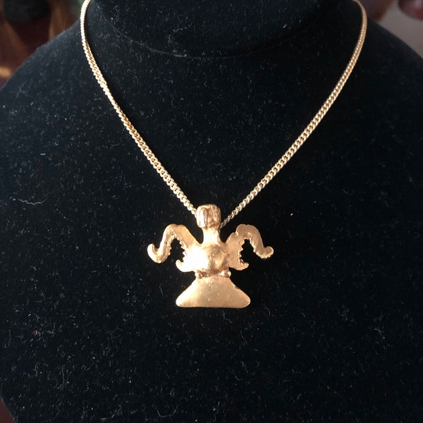 Retro Museum Bird Pendant & Chain, Alva Replicas, Pre-Colombian Figural, Gold Plated, Great Condition