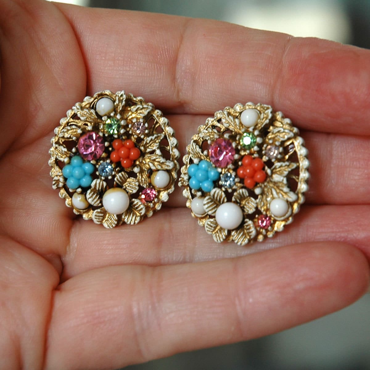 ART C Flower Basket Earrings Gold Washed White Enamel Etsy