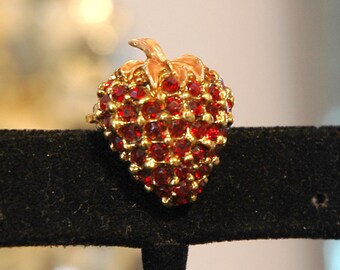 Strawberry Scatter Pin, Quality Made, Gold, Enamel Accents, Red Rhinestones, Adorable, Mint Condition