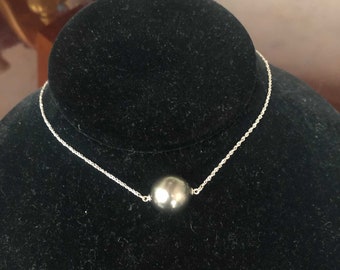 Natural Tahitian Pearl Inline Choker, Grade A/B Large 15mm Dark Grey, 1mm 16" long 14K White Gold Diamond Cut Cable Chain
