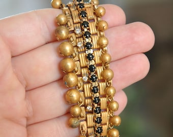 Pre-1955 Vintage Hobe Collar, Fringy Egyptian Styling, Black Onyx & Crystal Rhinestone Accents, Book Chain, Russian Gold Plating, Excellent