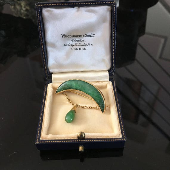 Fine Antique Jadeite Jade Crescent Brooch, 20k Go… - image 6