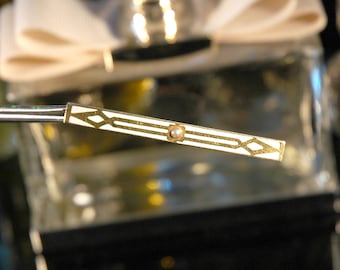 1920s Art Deco Bar Brooch, Tiffany Fine Jewelry, WAB Hallmark, 14K Yellow Gold, Cultured Pearl, Inlaid Bone, Excellent Condition