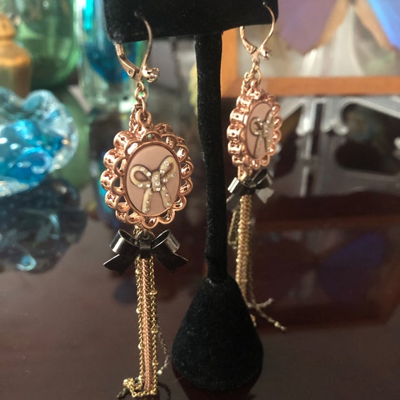 Long Assemblage Fashion Earrings, Chains, Bows, R… - image 2