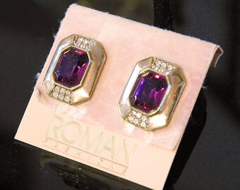 Roman Brand Earrings, Vintage New Old Stock on Card, Purple Crystal Rhinestones, Classic Timeless Design