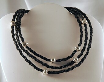 Braided Leather Necklace with Sterling Baubles