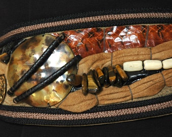 Retro R.J. Graziano Composition Belt, Tigereye Gemstones, Leather, Suede, Lizard, Snake, Faux Bone, Horn, Brass, Excellent Condition