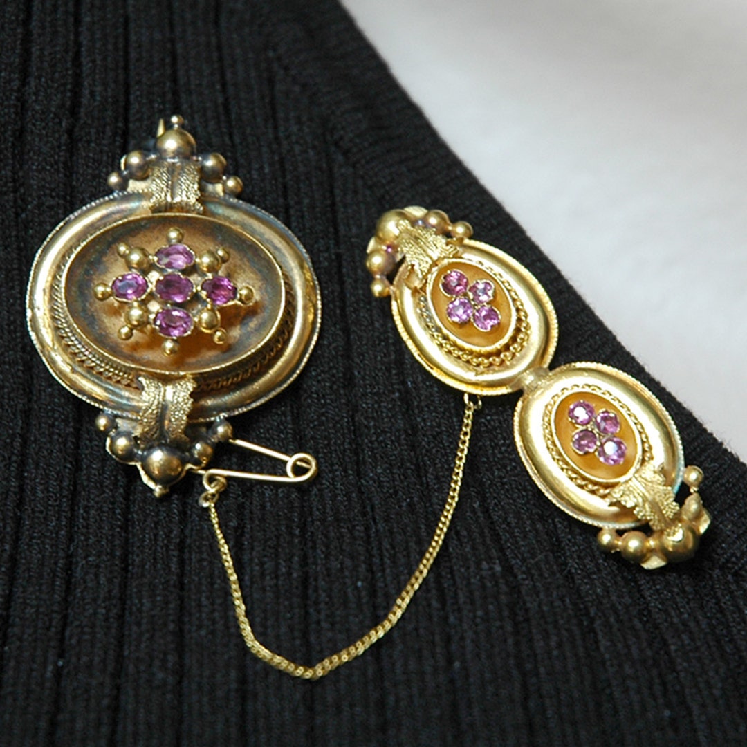 Antique Victorian Brooches, Custommade, Pink Tourmaline, 14K & Rolled
