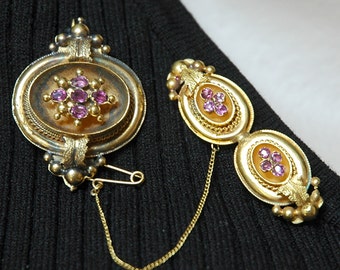 Antique Victorian Brooches, Custom-Made, Pink Tourmaline, 14K & Rolled Gold, Velvet-Lined Leather Case, London, Excellent Antique Condition