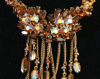Upcycled Trifari Necklace, Exquisite Earthtone Crystals, Cascading Fringe, OOAK