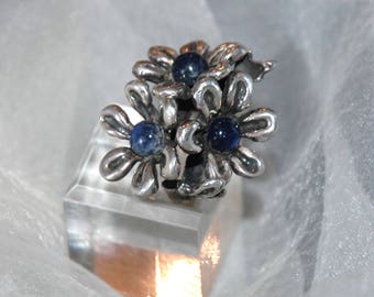 Daisy Bouquet Statement Ring, Vintage Artisan Studio, Lapis Gemstones, 850 Silver, Mexico, TNM75?, Size 5, Large, Heavy, Quality, Like New