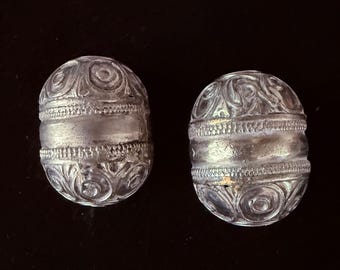 Enormous Tribal Beads, Set of 2 Barrel-Shaped Baubles, Silver, Handmade, Decorative, Yemeni, Turkoman, Bedouin, Afghan, Great Old Condition