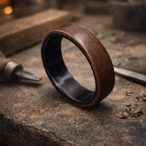 Puede incluir: Un anillo de madera con exterior marrón oscuro e interior negro. El anillo es de madera y tiene un acabado liso y pulido. El anillo se muestra sobre una superficie de piedra con herramientas de carpintería en el fondo.