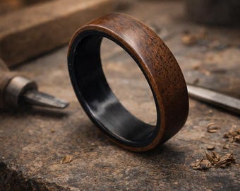 Holzring Nussbaum & Carbon, Handgefertigter Ring Herren Damen, Wooden Ring, Carbon Ring, Ehering Alternative, Geschenk
