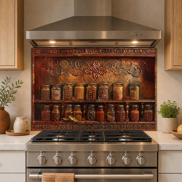 Vintage Spice Jars Glass Backsplash, Rustic Copper Old World Kitchen Wall Panel