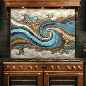 Abstract Marble Wave Tempered Glass Kitchen Backsplash, Blue Gold Swirl Art Stove Guard