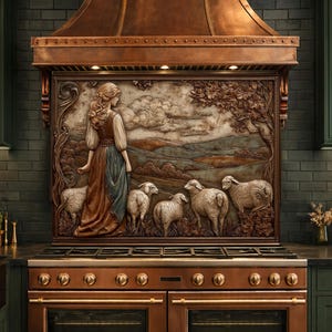 3D-Effect Copper Shepherdess Tempered Glass Kitchen Backsplash – Pastoral Countryside Scene Wall Panel, Custom Size