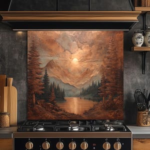 Kupfer Berglandschaft Küchen Aufkantung, UV gedrucktes gehärtetes Glas, kundenspezifisches Größendesign