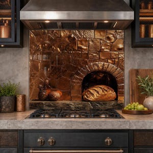 Copper Bread Oven Glass Backsplash, Rustic Mediterranean Kitchen Stove Panel