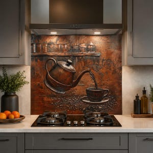 Coffee Pot Stove Backsplash, Copper Look Tempered Glass Panel, Rustic Cafe Kitchen Decor
