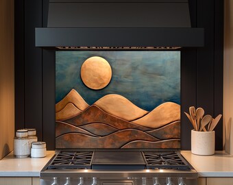 Copper-Effect Mountain Tempered Glass Backsplash: Rustic Kitchen Decor