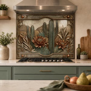Vintage Saguaro Garden Tempered Glass Backsplash, Bronze Desert Floral Range Panel, Southwest Kitchen Decor