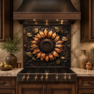 May include: A decorative square wall panel featuring a large, three-dimensional sunflower relief in shades of bronze and copper, mounted as a backsplash above a stainless steel gas stove with six burners and dark wooden kitchen cabinetry.