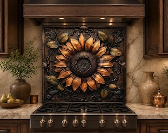 Sunflower Tempered Glass Backsplash, Rustic Farmhouse Botanical Kitchen Wall Panel