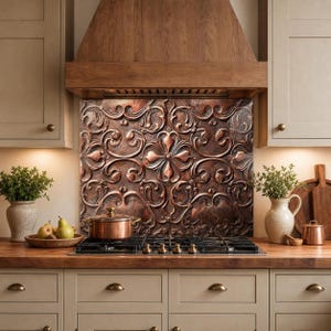 Antique Copper Baroque Tempered Glass Backsplash for Stove, Ornate Floral Design