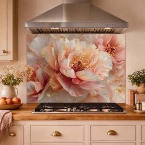 Blush Peony Glass Backsplash, Peach Floral Stove Panel, Gold Accent Romantic Kitchen Decor