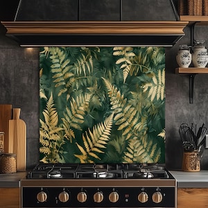 Tropical Fern Tempered Glass Backsplash - Green and Gold Botanical Kitchen Splashback - Heatproof Stove Wall Protector