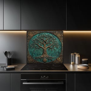 Celtic Tree of Life Metal Kitchen Backsplash: Green & Gold Wall Art