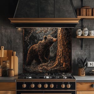 Dosseret de cuisine en verre, scène de forêt d'ours, dosseret de poêle de cuisine en verre, dosseret unique, dosseret mural de cuisine ours