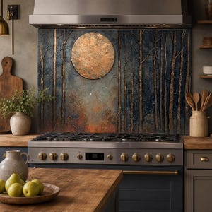 Full Moon Forest Glass Backsplash, Rustic Woodland Kitchen Wall Panel, Blue Copper Decor