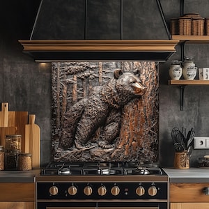 Handcrafted Copper Bear Backsplash: Rustic Cabin Kitchen Decor