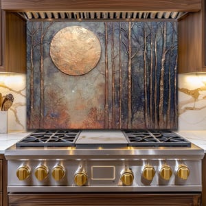 May include: A decorative kitchen range hood featuring a forest scene with a large, textured gold moon. The artwork includes tall, slender trees in shades of brown and blue, creating a serene, natural aesthetic.