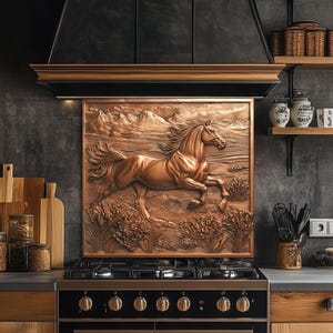 Rustic Horse Kitchen Backsplash, Copper Look Tempered Glass Art, Custom Size Design