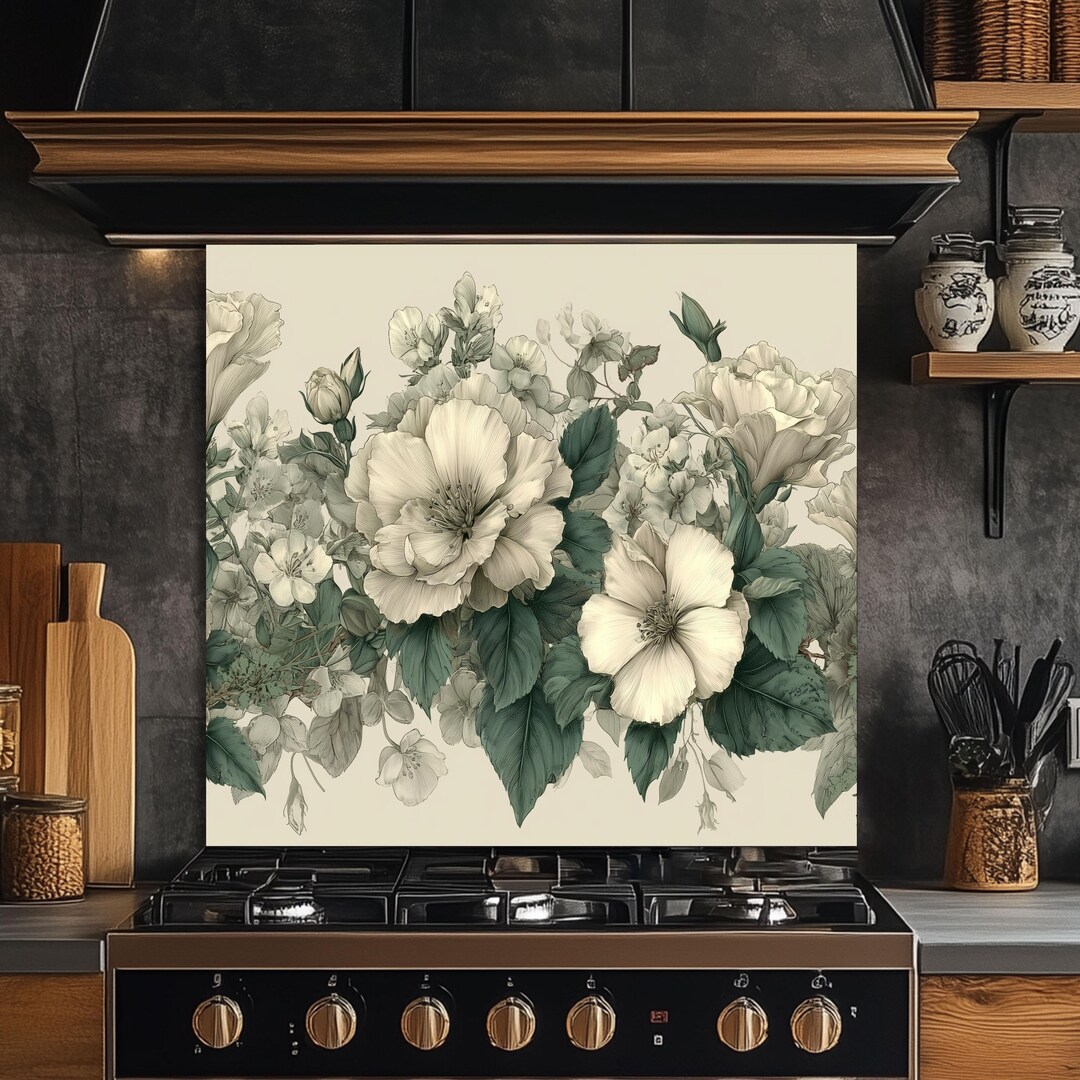 Ivory Floral Backsplash - Tempered Glass Kitchen Splashback, Elegant ...
