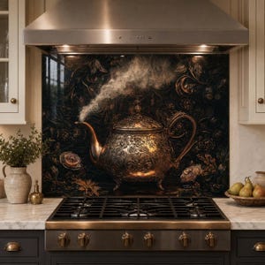 Vintage Teapot Tempered Glass Kitchen Backsplash: Heat-Resistant Stove Panel